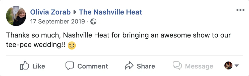 Facebook post by Olivia Zorab thanking Nashville Heat for an awesome show at their tee-pee wedding, dated 17 September 2019.